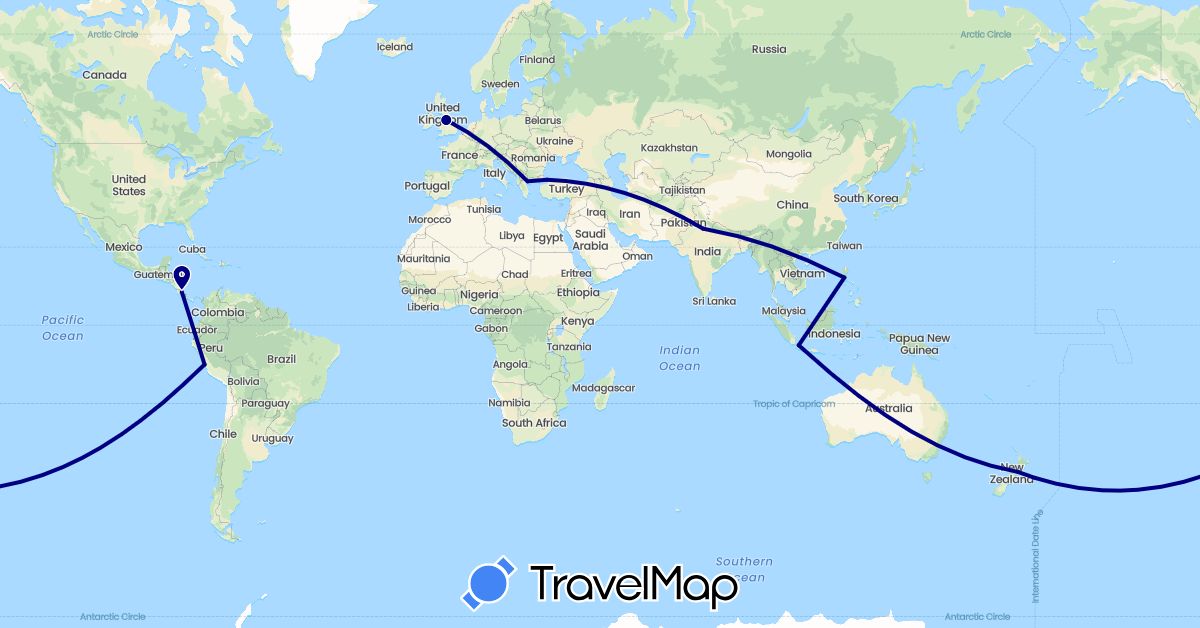 TravelMap itinerary: driving in Costa Rica, Ecuador, United Kingdom, Greece, Indonesia, India, New Zealand, Peru, Philippines, Turkey (Asia, Europe, North America, Oceania, South America)